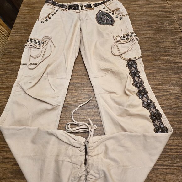 SPICE & ROSES Women's Beaded Drawstring 100% Cotton Cargo Pants - Beige - 12/14 - Picture 4 of 15